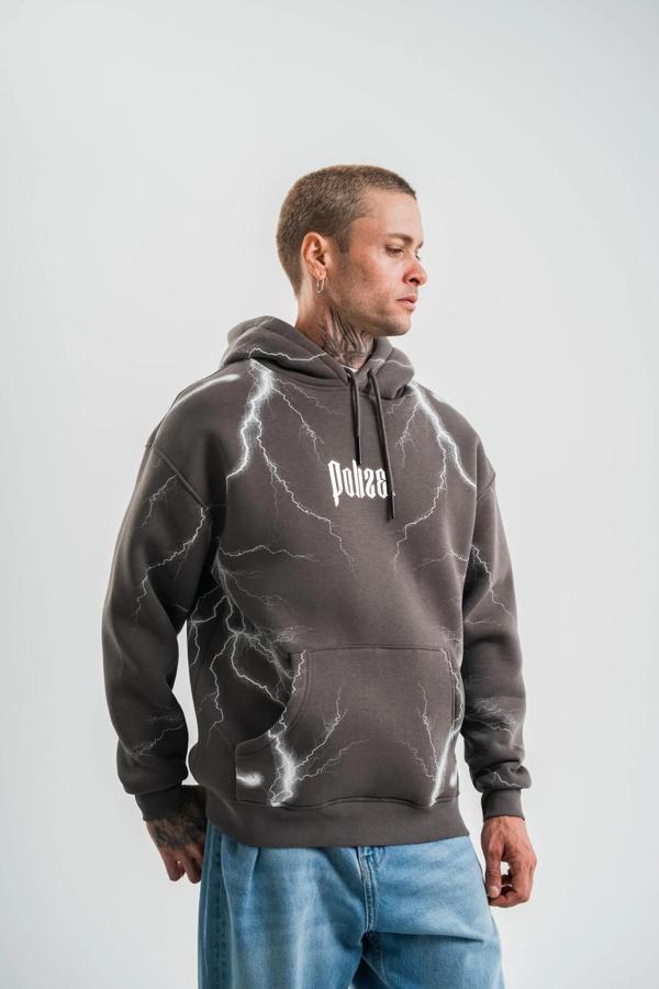 Double Oversize Kapşonlu Şimşek Pano Baskılı SweatShirt - Füme - Image 1