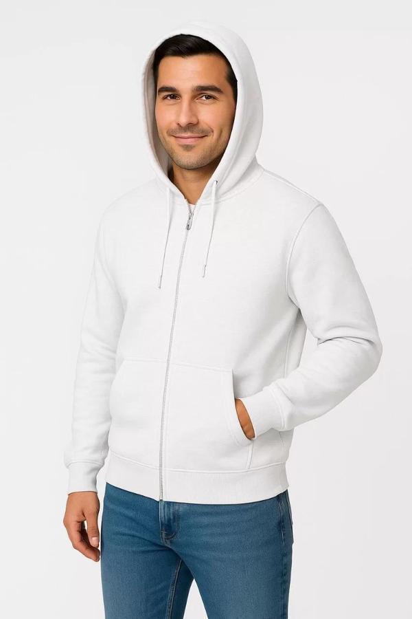Erkek Üç İplik Kapüşonlu Tam Fermuarlı Kanguru Çepli SweatShirt Hoodie - Beyaz - Image 1