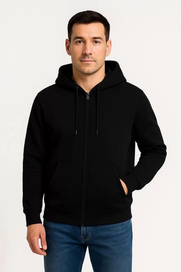 Erkek Üç İplik Kapüşonlu Tam Fermuarlı Kanguru Çepli SweatShirt Hoodie - Siyah - Image 1