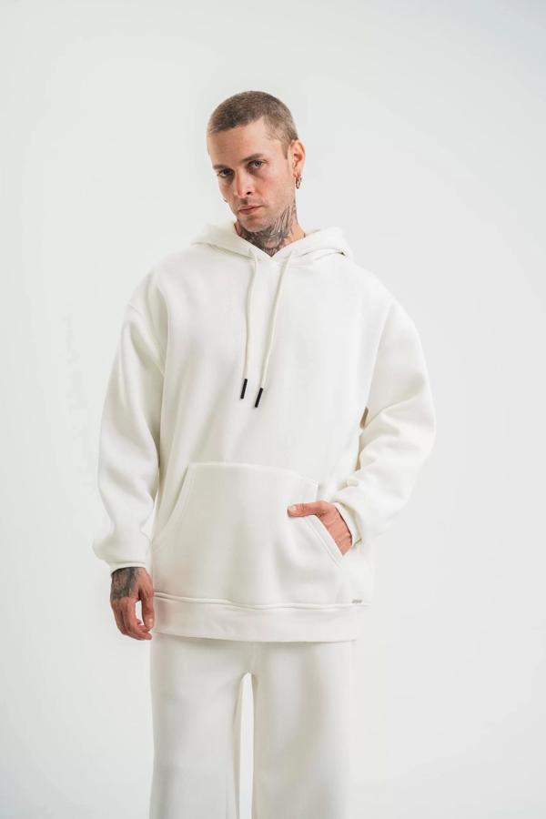 Unisex Double Oversize Kapşonlu Basic SweatShirt - Beyaz - Image 1