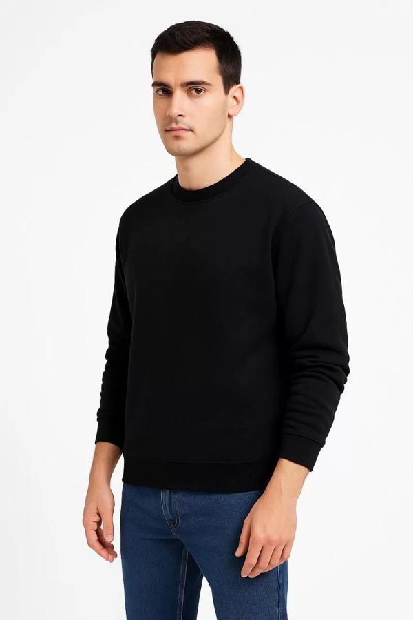 Erkek Üç İplik Düz Bisiklet Yaka SweatShirt - Siyah - Image 1