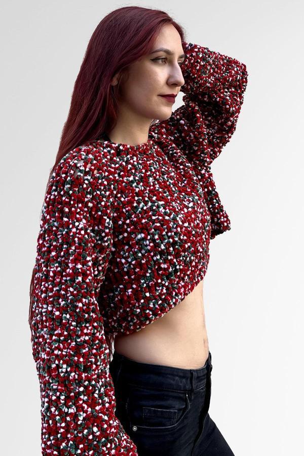 El Örgüsü Krımızı Sim Detaylı Crop Regular Fit - Image 1