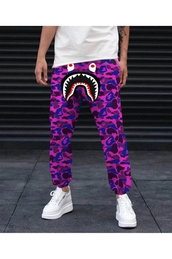 Unisex Pubg Bape x Shark Eşofman Altı - Mor - Image 1