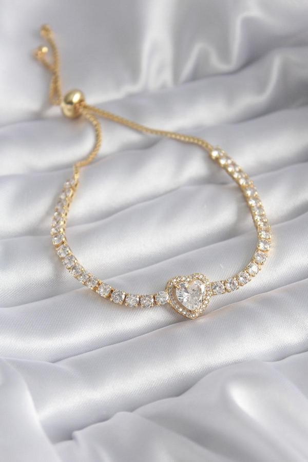 Pirinç Gold Renk Zirkon Taşlı Kalp Asansör Charm Model VIP Seri Kadın Bileklik 5790 - Image 1
