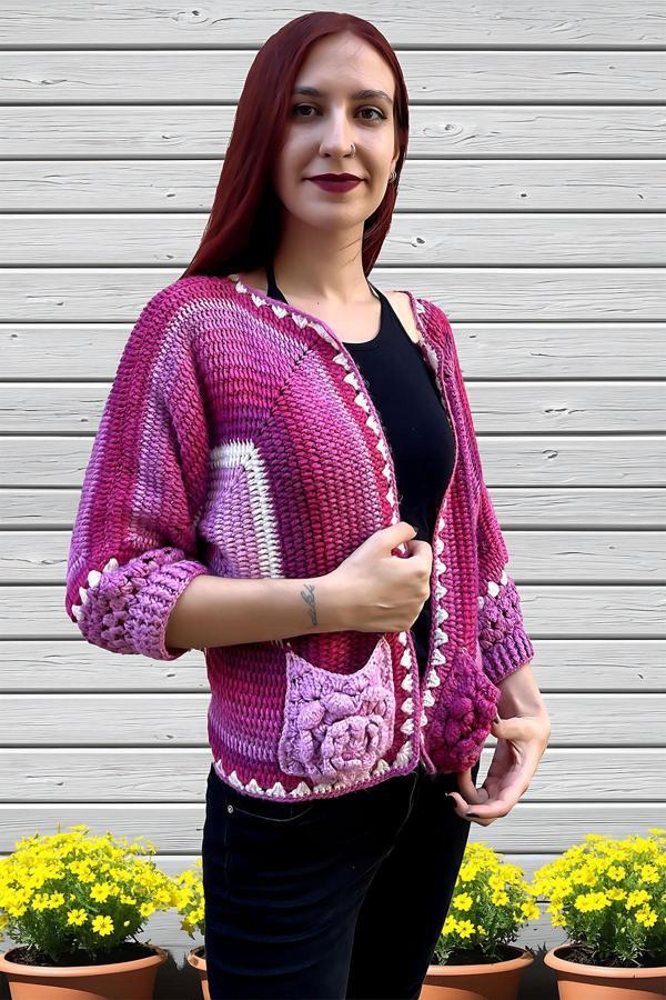 El Örgüsü Kadın Uzun Kollu V Yaka Hırka - Image 1