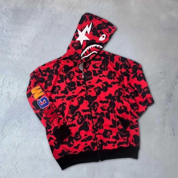 Unisex 2 İplik Bape Kapüşonu Fermuarlı Hırka - Kırmızı - Image 1