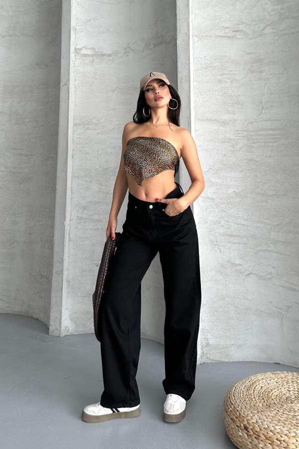 Palazzo straight enzim süper taş yıkama jeans pantolon siyah d2008 - Image 1