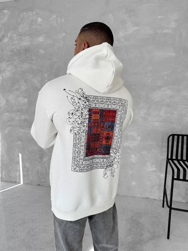 Uzun Kol Kapüşonlu Ön Ve Arka Baskılı SweatShirt - Beyaz - Image 1