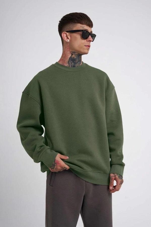 Unisex Biskilet Yaka Üç İplik SweatShirt - Haki - Image 1