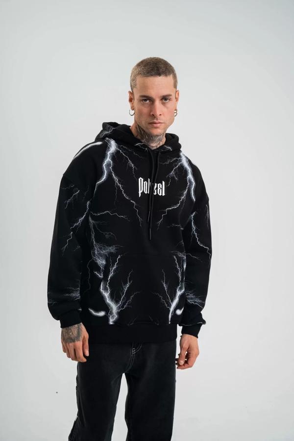 Double Oversize Kapşonlu Şimşek Pano Baskılı SweatShirt - Siyah - Image 1