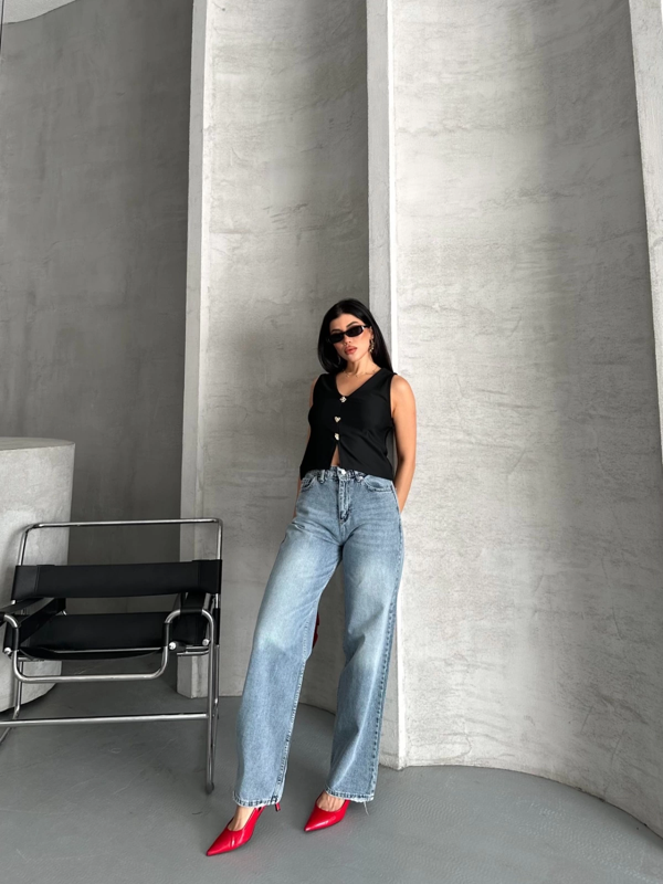 Palazzo straight kar yıkama jeans pantolon mavi d2008 - Image 1