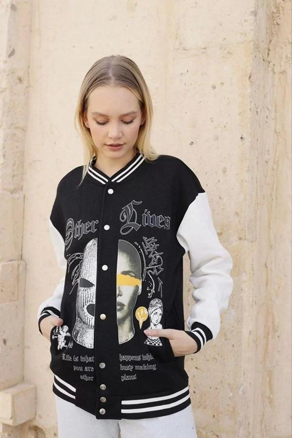 Kadın Oversize Kolej Ceket - Siyah - Image 1