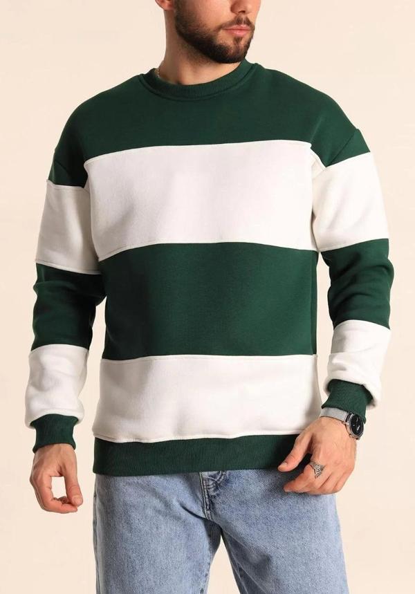 Parçalı Bisiklet Yaka Baskılı SweatShirt - Yeşil - Image 1