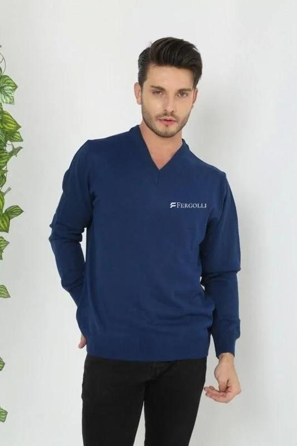 Baskılı V Yaka Uzun Kol Dokuma Triko - Indigo - Image 1