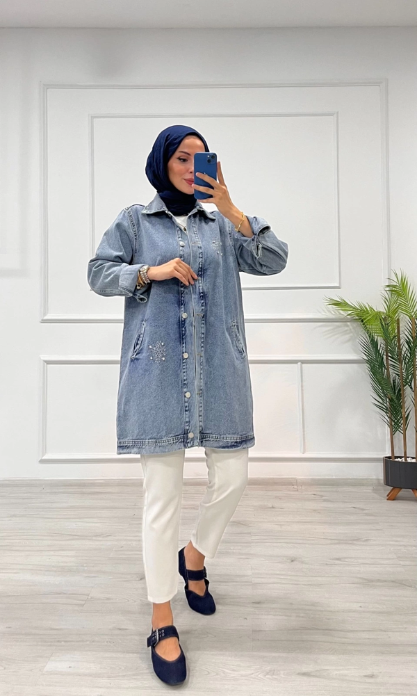 Taşlı tunik ceket kar yıkamalı mavi d2516 - Image 1