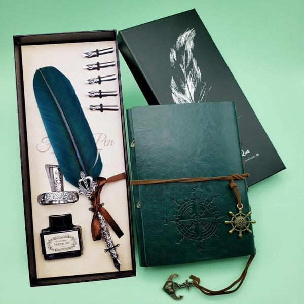 Deri Defter ve Tüylü Mürekkepli Kalem Seti Yeşil - Image 1