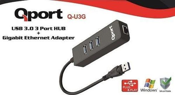 QPORT Q-U3G Gigabit 1port USB 3.0 Ethernet,3x USB Çoklayıcı - Image 1
