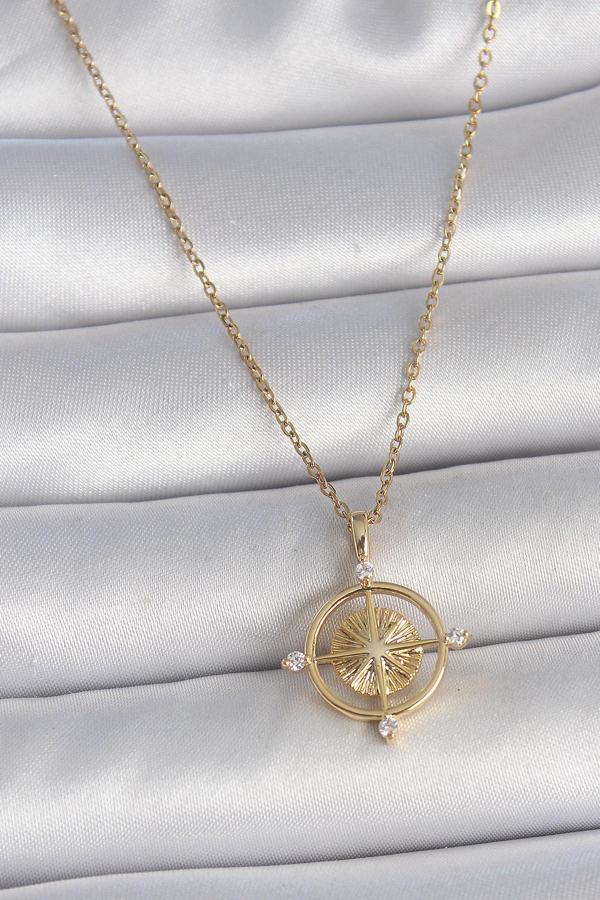 316L Çelik Gold Renk Zincir Zirkon Taşlı Pusula Model Kadın Kolye - Image 1