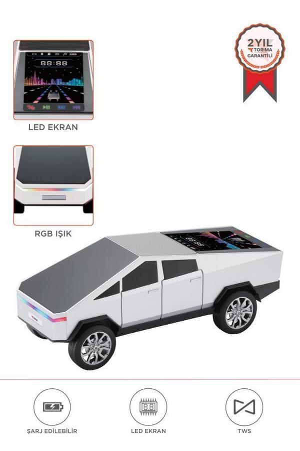 Torima D68 Beyaz CyberTruck Araba Tasarımlı Bluetooth Hoparlör 15W Güçlü Ses RGB LED /TWS/USB - Image 1