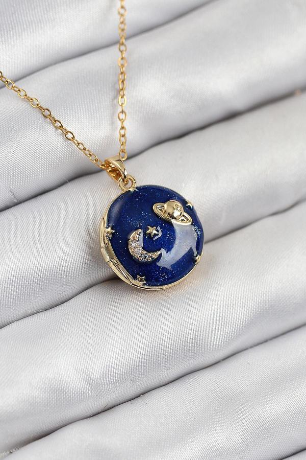 316L Çelik Zirkon Taşlı Açılabilr Kapaklı Gezegen Model Gold Renk Kadın Kolye - Image 1
