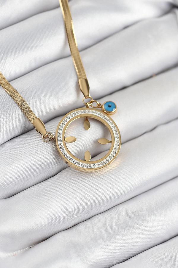 316L Çelik Zirkon Taşlı Çeyrek Takılabilir Gold Renk Kadın Kolye - Image 1