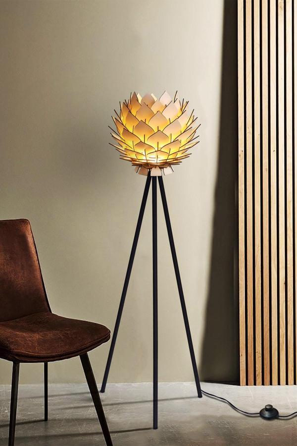Lotus Metal Ayaklı Yerpuar Anahtarlı Ahşap Modern Tripod Üç Ayaklı Lambader Aydınlatma Bej - Image 1