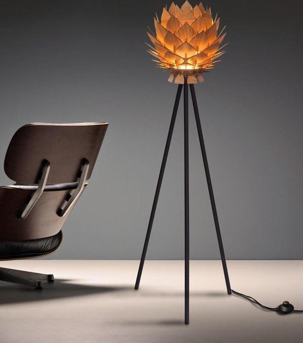 Lotus Metal Ayaklı Yerpuar Anahtarlı Ahşap Modern Tripod Üç Ayaklı Lambader Aydınlatma Ceviz - Image 1