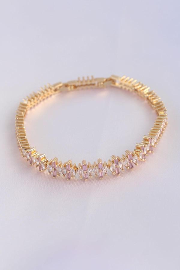Vip Seri Pirinç Pembe Zirkon Taşlı Gold Renk Baget Model Bileklik - Image 1