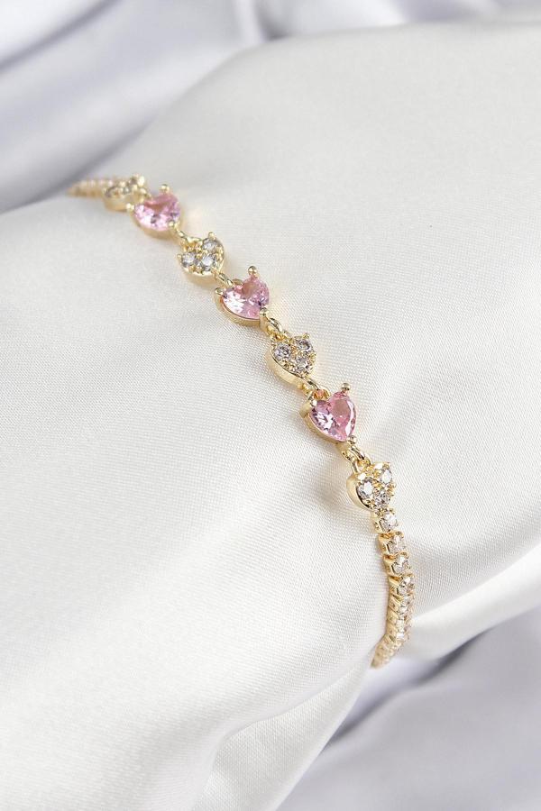 Pirinç Zirkon Taşlı Pembe Kalp Model Gold Renk Kadın Bileklik - Image 1