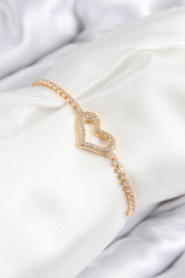 Pirinç Zirkon Taşlı Kalp Model Gold Renk Asansörlü Kadın Bileklik - Image 1