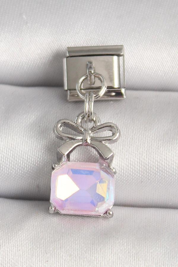 316L Çelik Gümüş Renk Pembe Zirkon Taşlı Çanta Model Nomination Charm - Image 1