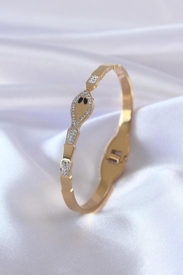 316L Çelik Gold Renk Yılan Model Zirkon Taş Detay Kadın Kelepçe - Image 1