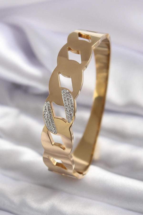 316L Çelik Gold Renk Zincir Model Zirkon Taş Detay Kadın Kelepçe - Image 1