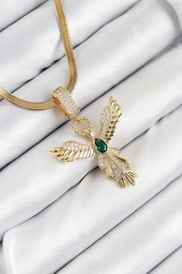 316L Çelik Zirkon Taşlı Melek Model Gold Renk Kadın Kolye - Image 1
