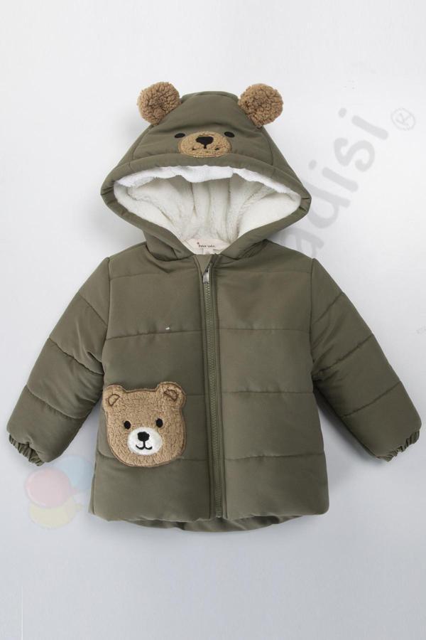 Ayıcıklı İçi Peluş Kürklü Fermuarlı Kapitone Kapüşonlu Kar Şişme Kışlık Erkek Bebek Mont Çocuk Kaban - Image 1