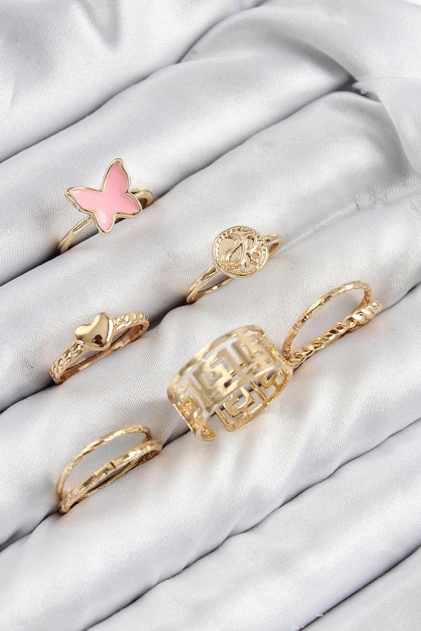 Pirinç Kelebek Ve Kalp Model Gold Renk Kadın Yüzük Kombin Set - Image 1