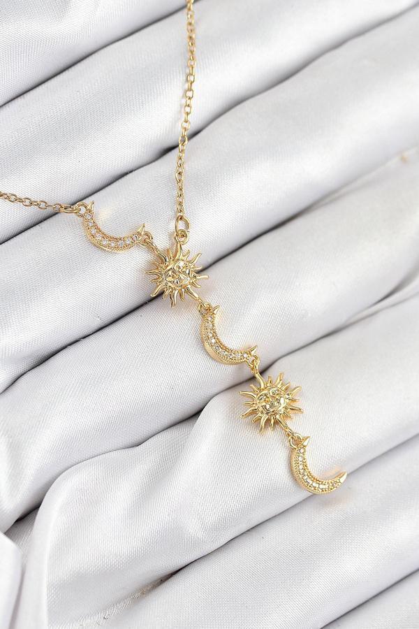 316L Çelik Zirkon Taşlı Güneş Ve Ay Model Gold Renk Kadın Kolye - Image 1