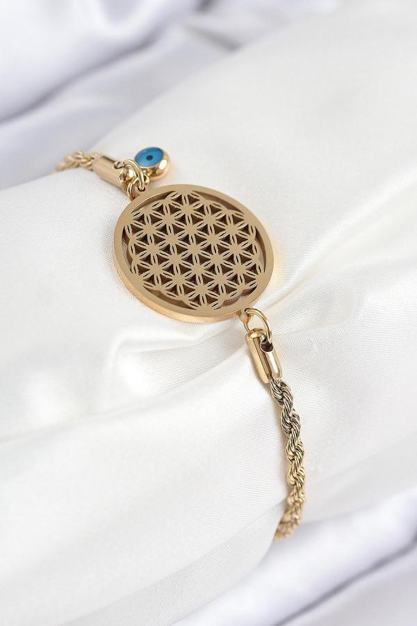 316L Çelik Nazar Boncuğu Detaylı Yaşam Çiçeği Model Gold Renk Kadın Bileklik - Image 1