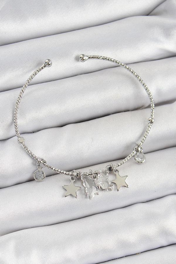 Pirinç Zirkon Taşlı Kelebek Ve Yıldız Model Gümüş Renk Charm Bileklik - Image 1