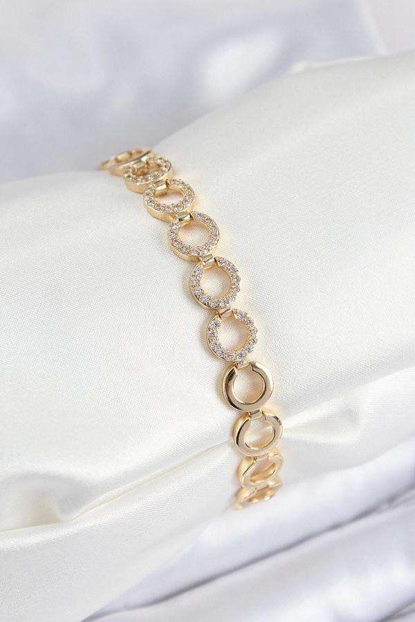 Pirinç Zirkon Taşlı Sıralı Halka Model Gold Renk Kadın Bileklik - Image 1