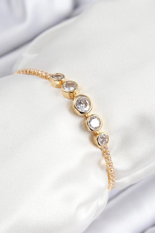 Pirinç Zirkon Taşlı Sıralı Daire Model Gold Renk Asansörlü Kadın Bileklik - Image 1