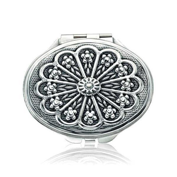925 Ayar Gümüş Papatya Motifli Kapaklı Oval El Aynası - Image 1