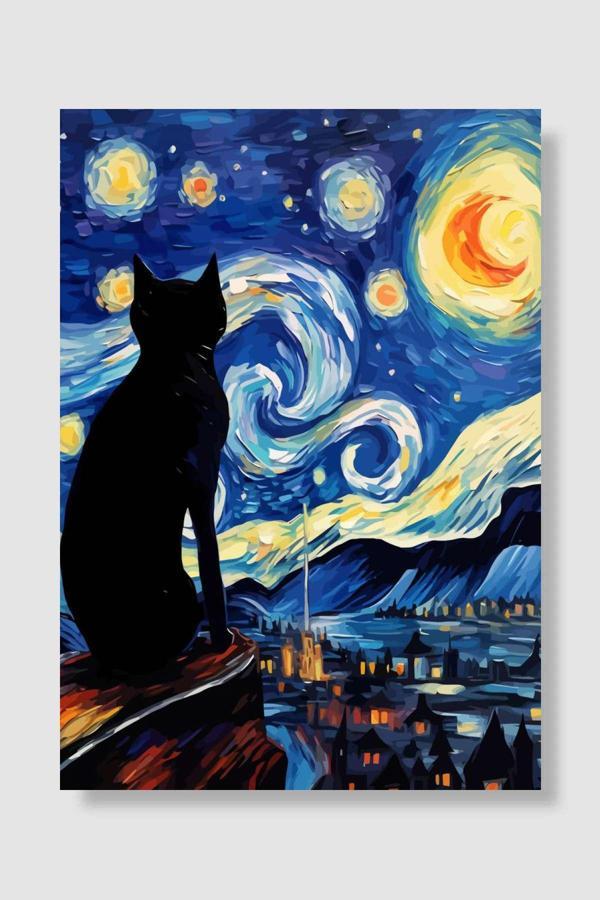 Kubdekor Starry Night Cat  Popart Poster Dekoratif Modern Sanatsal Duvar Poster - Image 1