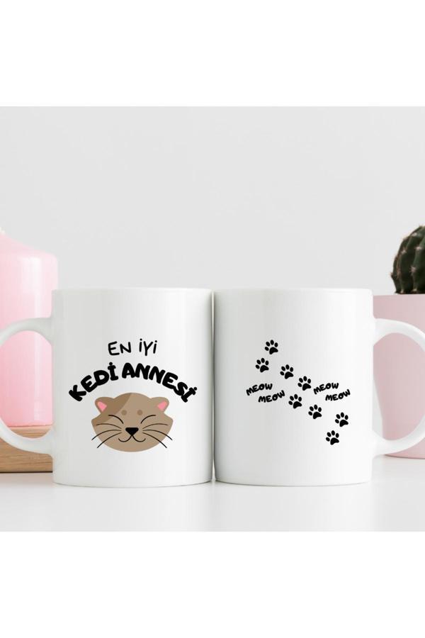 Kubdekor En İyi Kedi Annesi Yazılı Baskılı Hediyelik Kupa Bardak - Image 1