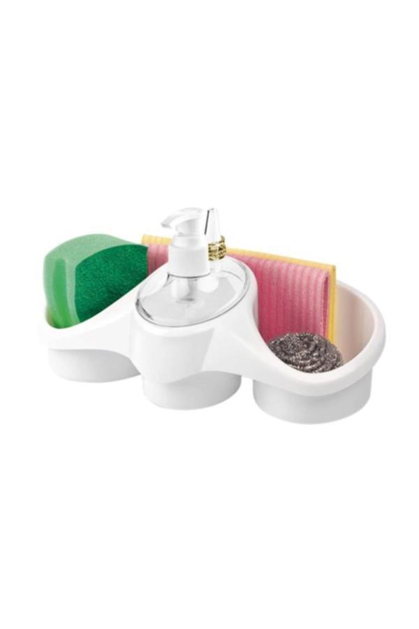 Plastik Sıvı Sabunluk Süngerlikli Set Beyaz - Image 1