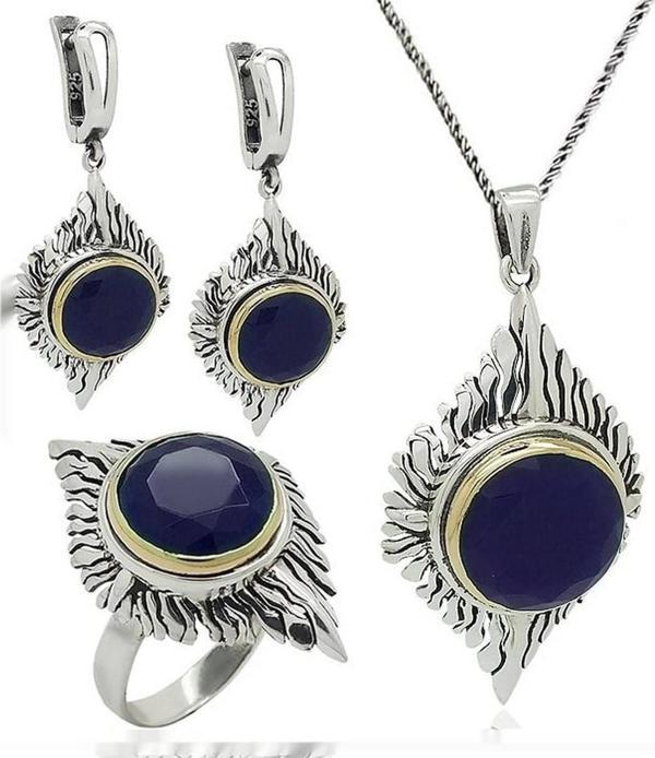 Gümüş Testere El işi Tasarım Üçlü Set Safir - Image 1