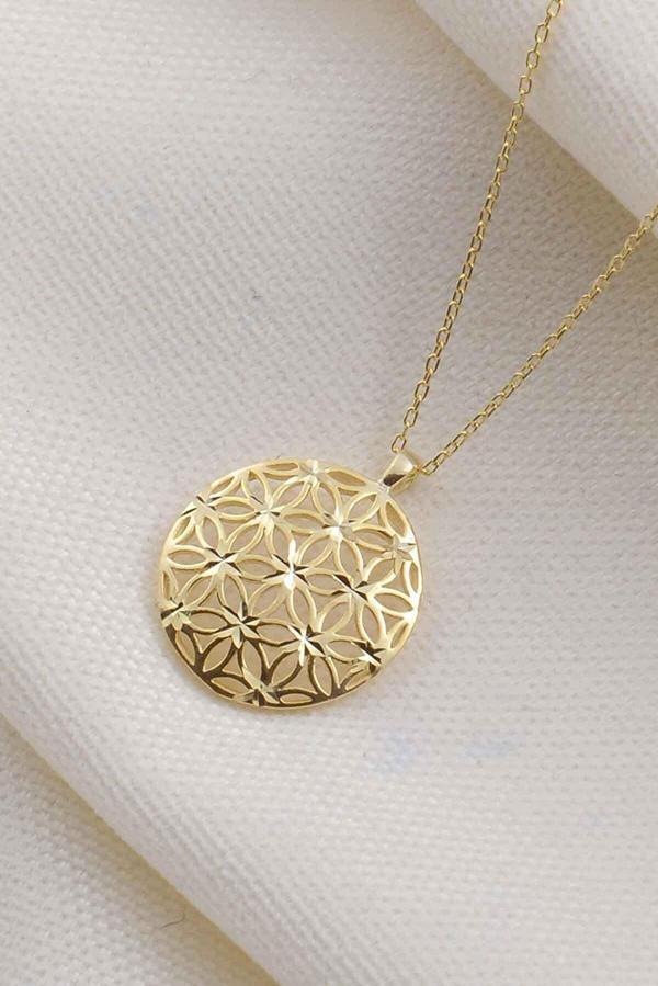 Yaşam Hayat Çiçeği Bereket 14 Ayar Altın Kaplama Gold 925 Ayar Gümüş Zincirli Kolye - Image 1