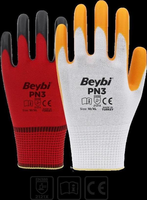 Beybi PN3 Beyaz Sarı 10 Beden Polyester Örme Nitril Eldiven 12li Paket EN388 (2121X) - Image 1