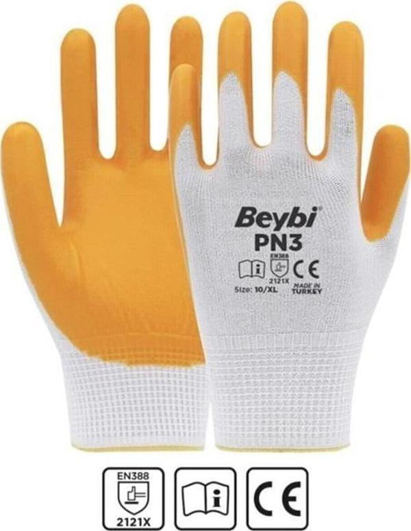 Beybi PN3 Beyaz Sarı 9 Beden Polyester Örme Nitril Eldiven 12li Paket EN388 (2121X) - Image 1
