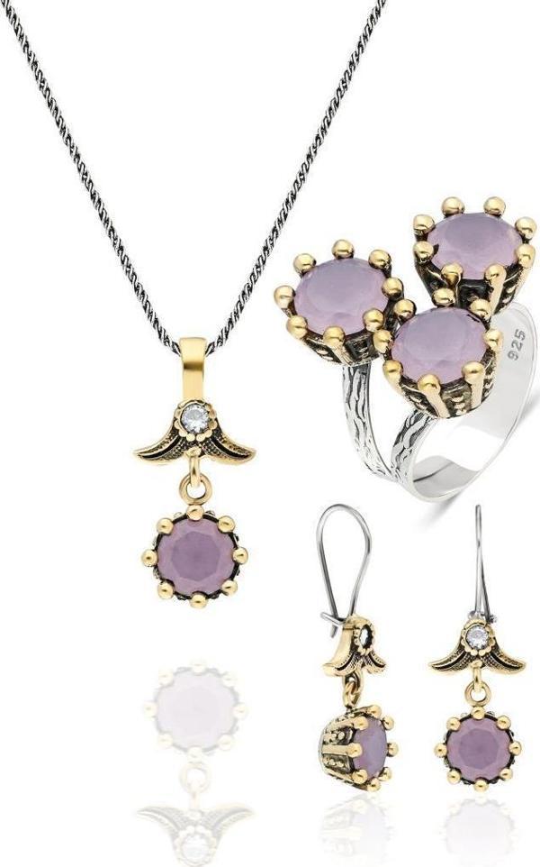 Söğütlü Serisi Pembe Kuvars Taşlı Otantik Gümüş Üçlü Set Takı  - Image 1